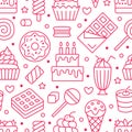Sweet food seamless pattern with flat line icons. Pastry vector illustrations - lollipop, chocolate bar, milkshake