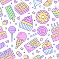 Sweet food seamless pattern with flat line icons. Pastry vector illustrations - lollipop, chocolate bar, milkshake Royalty Free Stock Photo