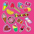 Sweet Food Stickers, Badges and Patches. Bakery and Candies Doodle Royalty Free Stock Photo