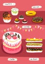 Sweet food store set. Shop showcase. Cake muffin donuts candy and eclair. Dessert choice. Hand drawn sketch. Vector
