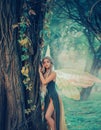 Sweet forest angel, nymph with perfect thick white hair in image of dreamy spirit with butterfly wings. attractive fairy