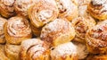 Sweet fragrant buns with jam. Puff pastry rolls. Close-up. Soft selective focus