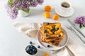 Sweet french toast with berries and syrup served on plate. Copy space for text. Healthy breakfast: toasts with blueberry and Royalty Free Stock Photo