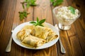 Sweet fried thin pancakes with cottage cheese inside Royalty Free Stock Photo