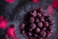 Sweet and frozen cherries in coctail glass