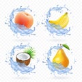 Sweet fruit. Banana, coconut, peach, pear and apricot fresh juice Realistic illustration. 3d vector icons set Royalty Free Stock Photo