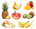 Sweet fruit. Banana, pineapple, apple, mango, kiwi fruit, peach, pear. Whole and pieces. Realistic illustration. 3d vector icons