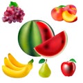 Sweet fruit. Banana, watermelon, apple, grape, peach, pear. Whole and pieces. Realistic illustration. 3d vector icons set Royalty Free Stock Photo