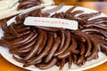 Sweet fruit candies in artisan Spanish shop, english translation: oranges Royalty Free Stock Photo