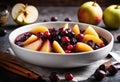 A sweet fruit compote with layers of stewed apples, stewed pears, stewed cranberries, and raisins.