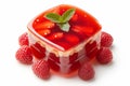 Sweet fruit dessert jelly adorned with strawberries on white background