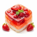 Sweet fruit dessert jelly adorned with strawberries on white background