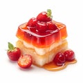 Sweet fruit dessert jelly adorned with strawberries on white background