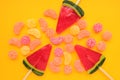 Sweet fruit hard candies background. Overhead view of colorful caramel assortment.