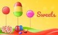 Sweet Fruit Lollipops on Yellow Background. Vector Royalty Free Stock Photo