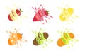 Sweet Fruits and Berries with Splashes Set, Apple, Strawberry, Lemon, Orange, Kiwi, Kiwano, Melon Vector Illustration Royalty Free Stock Photo