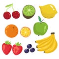 Sweet fruits. Grapes, strawberry, blackberry, cherry, watermelon, pineapple, papaya, mango, apple, banana, orange, lime Royalty Free Stock Photo
