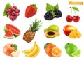Sweet fruits. Grapes, strawberry, blackberry, cherry, watermelon, pineapple, papaya, mango, apple, banana, orange, lime. 3d Royalty Free Stock Photo
