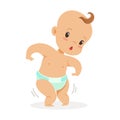 Sweet funny baby in a diaper trying to walk, colorful cartoon character vector Illustration