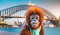 sweet funny cute smiling face baby orang-utan with big eyes punk hair style on Sydney footpath harbour bridge