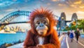 sweet funny cute smiling face baby orang-utan with big eyes punk hair style on Sydney footpath harbour bridge