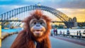 sweet funny cute smiling face baby orang-utan with big eyes punk hair style on Sydney footpath harbour bridge