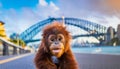 sweet funny cute smiling face baby orang-utan with big eyes punk hair style on Sydney footpath harbour bridge