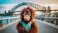 sweet funny cute smiling face baby orang-utan with big eyes punk hair style on Sydney footpath harbour bridge