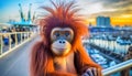 sweet funny cute smiling face baby orang-utan with big eyes punk hair style on Sydney footpath harbour bridge