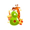 Sweet funny giraffe and number eight, Happy birthday, anniversary number with cute animal character vector Illustration