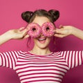 Sweet funny. Pretty woman having fun with donuts on colorful pink background Royalty Free Stock Photo