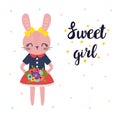 Sweet girl. Cute little bunny with flowers. Romantic card, greeting card or postcard. Illustration with beautiful fashion rabbit Royalty Free Stock Photo