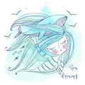 A sweet girl dreams of the sea. Her fantasy is a big blue whale. Graphics and watercolors. Vector Royalty Free Stock Photo