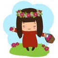 A sweet girl is picking raspberries. The cartoon.