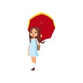 Sweet girl under red umbrella, rainy weather concept cartoon vector Illustration