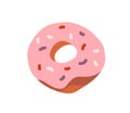 Sweet glazed donut. Doughnut with pink icing and sprinkles. Round dessert with hole. Sugar food. Dough pastry with