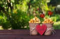 Sweet golden popcorn and lollipops. Set for lovers. Popokorn in a paper bucket and candy hearts. Romantic concept