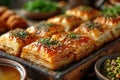 Sweet golden praise on the tray. Oriental sweets