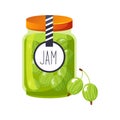 Sweet Gooseberry Green Jam Glass Jar Filled With Berry With Template Label Illustration