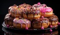 A sweet, gourmet donut with multi colored icing and chocolate generated by AI Royalty Free Stock Photo