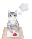 Sweet gray little kitty character writing love letter. Royalty Free Stock Photo