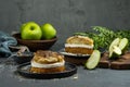 Sweet green apple dessert, pie. Photo of food on a dark background Royalty Free Stock Photo