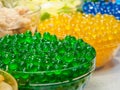 Sweet green jelly bubble in glass bowl. Green tapioca ball or boba.