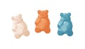 Sweet gummy bears. Sugar jelly babies set. Fruit gelatin gums of different flavors. Cute edible teddies snack for kids