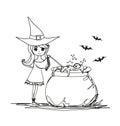 Sweet Halloween witch preparing potion