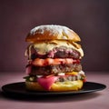 Sweet hamburger on a plate on a solid background