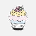 Sweet hand drawn cupcake. Isolated illustration in patch style. Great for stickers, embroidery, badges.