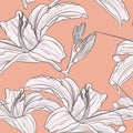 Sweet hand drawn line sketch flowers lily seamless pattern, vector for fashion ,fabric. Royalty Free Stock Photo