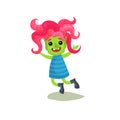 Sweet happy girl troll with pink hair and green skin having fun, funny fairy tale character vector Illustrations on a