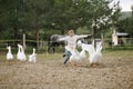Sweet happy little girl running after a flock of geese on farm his arms to the side and smiling. Lifestyle portrait Royalty Free Stock Photo